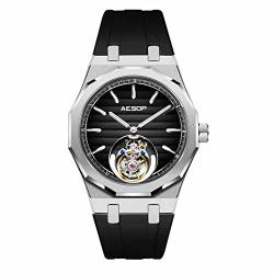 Aesop Herren Tourbillon Uhren Tourbillon Handaufzug Herrenarmbanduhren Leuchtendes Saphirglas Wasserdicht Luxus Business Uhr für Herren 7057(Schwarz-Gummiband) von Aesop