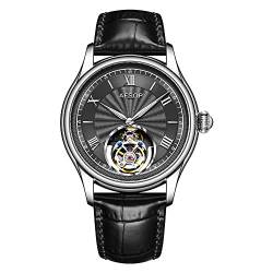 Aesop Mechanische Tourbillon-Uhren für Herren, echtes Tourbillon-Uhrwerk, mechanische Handaufzugs-Armbanduhr, analoges Saphirglas, wasserdicht, Business-Luxusuhr 7041 (Schwarz/Leder) von Aesop