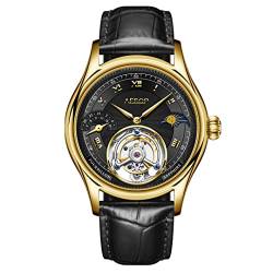 Aesop Mondphase GMT Tourbillon Herrenuhren Mechanisches Tourbillon Handaufzug Herrenarmbanduhren Saphir Wasserdicht Luxus Business Uhr für Herren 7027(Gold mit Schwarz) von Aesop