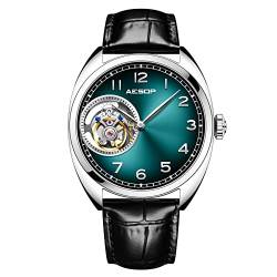 Aesop Tourbillon Herren-Armbanduhr, Skelett, mechanisch, Handaufzug, analog, Edelstahl, Saphirkristall, Spiegel, wasserdicht, Business-Luxus-Uhr mit Lederband 7056, Green von Aesop