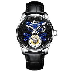 Aesop Tourbillon Herrenuhren Luxus mechanische Hand Wind Männer Armbanduhren Analog Edelstahl Saphirglas wasserdicht Business Casual Herrenuhr 7029(Blau mit Lederband) von Aesop