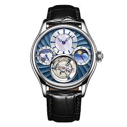 Aesop Tourbillon Herrenuhren Mechanische Armbanduhren Analog Handaufzug Mondphase GMT Dual Time Dial 50M Wasserdicht Edelstahl Klassische Casual Herrenuhr 7017(Blau und Schwarz) von Aesop