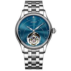 Aesop Tourbillon Herrenuhren Mechanische Handaufzug Armbanduhren Skelett Edelstahl Analog Saphirglas 30M Wasserdicht Klassisches Kleid Luxus Elegant Business Uhr 7048(Blau/Edelstahl) von Aesop