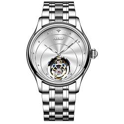 Aesop Tourbillon Herrenuhren Mechanische Handaufzug Armbanduhren Skelett Edelstahl Analog Saphirglas 30M Wasserdicht Klassisches Kleid Luxus Elegant Business Uhr 7048(Weiß/Edelstahl) von Aesop