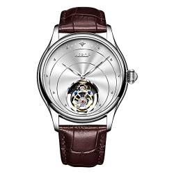 Aesop Tourbillon Herrenuhren Mechanische Handaufzug Armbanduhren Skelett Edelstahl Analog Saphirglas 30M Wasserdicht Klassisches Kleid Luxus Elegant Business Uhr 7048(Weiß/Leder) von Aesop