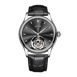 Aesop Tourbillon Herrenuhren Mechanischer Handaufzug Analoge Armbanduhren Luxus Skeleton Edelstahl Saphirglas Wasserdichtes Kleid Business Uhr für Herren Geschenk 7040(Schwarz/Lederband) von Aesop