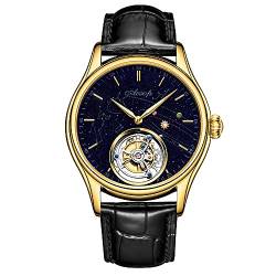 Aesop Tourbillon Uhren Herren Mechanische Uhr Skelett Analog Handaufzug Armbanduhren Saphirglas 50M Wasserdicht Klassische Luxusuhren mit Sternenhimmel-Zifferblatt 7025(Gold/Leder) von Aesop