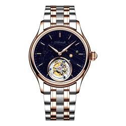 Aesop Tourbillon Uhren Herren Mechanische Uhr Skelett Analog Handaufzug Armbanduhren Saphirglas 50M Wasserdicht Klassische Luxusuhren mit Sternenhimmel-Zifferblatt 7025(Roségold/Edelstahl) von Aesop