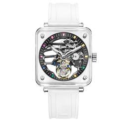 Aesop Transparente Tourbillon -Männer Uhren mechanische Männer Armbanduhr Kristallquadrathülle Sapphire Spiegel wasserdichte leuchtende Luxusuhr 7058(Farbstundenmarkierungen) von Aesop