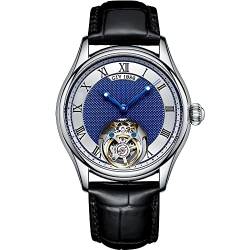GIV Tourbillon Herrenuhren Mechanische Armbanduhren Luxus Skeleton Handaufzug Analoge Armbanduhren Saphirglas Wasserdichtes Kleid Elegante Uhr mit echtem Lederarmband (Silber und Blau T09) von Aesop