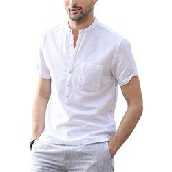 Herren Leinen Baumwolle Henley Hemd Roll-Up Kurzarm Basic Sommer Hemd Band Kragen Einfarbige Bluse T-Shirt,Weiß,M von Aeyridepor