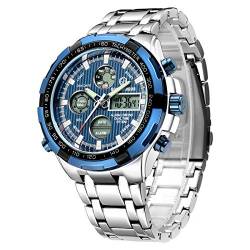 Affute Armbanduhr für Herren, Schwerer Chronograph aus Edelstahl, wasserdicht, mit Datums- und Alarmfunktion, Analog-/Digitalanzeige (Silver Blue)… von Affute