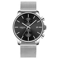 Affute Herren-Armbanduhr, modisch, sportlich, Quarz, analog, schwarzes Mesh, Edelstahl, wasserdicht, Chronograph, automatische Datumsanzeige (Silber schwarz) von Affute