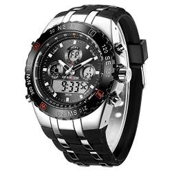 Herren Chunky Uhren Sport wasserdichte Stoppuhr Riesiges Zifferblatt, Datumsalarm, Light Digital, Analoge Militär Edelstahl Armbanduhr mit Gummiband (Silber Schwarz) von Affute