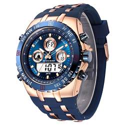 Herren Militär Sportuhren Digitale wasserdichte Analoguhr mit Datum, Alarm, Leuchtet, Stoppuhr, Große Armee-Armbanduhr für klobige Männer (Roségold Blau) von Affute