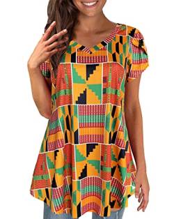 Afibi Damen-Hemd, Afrikanisches Dashiki, kurzärmelig, V-Ausschnitt, lockere Tunika-Oberteile, Goldfarben, Grün, Medium von Afibi