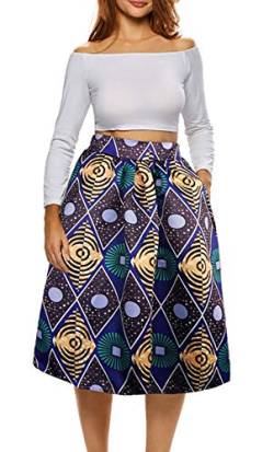 Afibi Damen Rock mit afrikanischem Druck, Boho, ausgestellter Midirock mit Taschen, Muster 5, Klein von Afibi