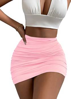 Afibi Damen Stretch Hohe Taille Rüschen Bodycon Doppelschicht Casual Minirock, Pink, Klein von Afibi