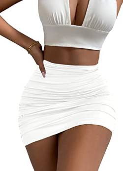 Afibi Damen Stretch Hohe Taille Rüschen Bodycon Doppelschicht Casual Minirock, Weiss/opulenter Garten, Klein von Afibi