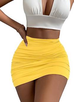 Afibi Damen Stretch Hohe Taille Rüschen Bodycon Doppelschicht Casual Minirock, gelb, Klein von Afibi