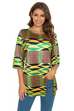 Afibi Damen-Tunika, bedruckt, afrikanischer Dashiki, 3/4-Ärmel, Boho - Gold - X-Large von Afibi