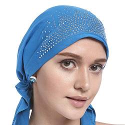 AfinderDE Damen Frauen Baumwolle Bandana Turban Cap Hijab Kopftuch Muslimische Bonnet Kopfbedeckung Halstuch Atmungsaktiv UV Schutz Pirat Mütze Bunter Diamant Indische Hüte Kappe, Blau, L von AfinderDE