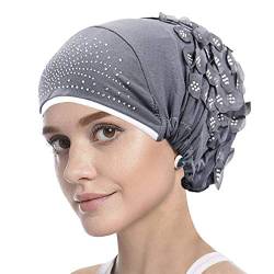 AfinderDE Damen Muslimischen Hijab Kopftuch Schal Turban Muslim Beanie Mütze Elegant Blumen Kopfbedeckung Headwrap Elastic Schlafmütze, Grau, L von AfinderDE