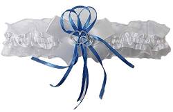 Aga Süßer Braut Strumpfband mit 2 Herzchen Schleifchen, Silbernaht, viele Muster Hochzeit Neu Strumpfbänder Brautstrumpfband (Weiß-Blau, bis 60 cm) von Aga