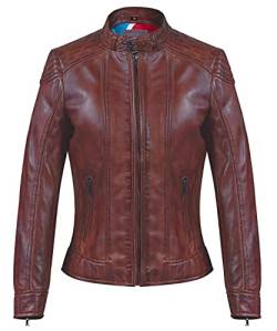 Agamaa Damen Lederjacke LIVIA – Moderner Bikerjacke Übergangsjacke Echtleder Frauen Jacke - Stehkragen mit Schnalle im Biker Look Cognac von Agamaa