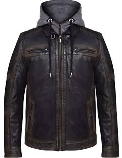 Agamaa Herren Lederjacke LUIS - Vintage Steppjacke aus Leder mit Abnehmbarer Kapuzen-Hoodie Schwarz Bikerjacke-Echtleder-Freizeitjacke gefütterte Übergangsjacke mit Steppung und Stehkragen (M) von Agamaa