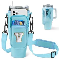 Aganmi Tragetasche für Wasserflaschen mit Handyfach für Stanley Trinkbecher, 1,2 l, Glitzer-Initiale, Sport-Wasserflaschenhalter, Schlingentasche mit verstellbarem Riemen für Stanley Cup-Zubehör (Blau von Aganmi