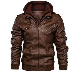 Agess Herren Lederjacke, Abnehmbarer Kapuze Hooded Leather Jacket Mit Reißverschluss (1,M) von Agess