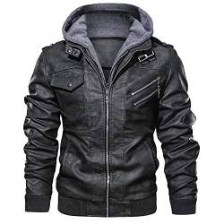 Agess Herren Lederjacke, Abnehmbarer Kapuze Hooded Leather Jacket Mit Reißverschluss (2,3XL) von Agess