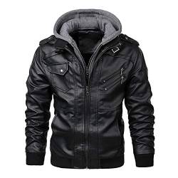 Agess Herren Lederjacke, Abnehmbarer Kapuze Hooded Leather Jacket Mit Reißverschluss (3,M) von Agess
