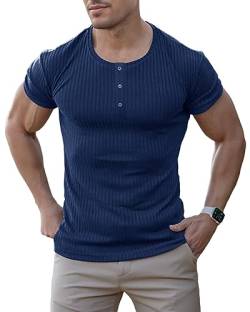 Agilelin Herren Baumwolle Kurzarm Shirt,Schlanke Passform Muskelshirts,Casual Henley Shirt,Geripptes Tshirt(Blau/2XL) von Agilelin