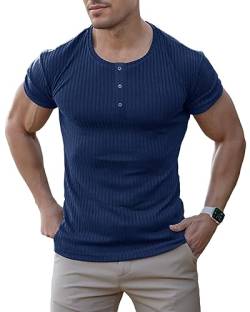 Agilelin Herren Baumwolle Kurzarm Shirt,Schlanke Passform Muskelshirts,Casual Henley Shirt,Geripptes Tshirt(Blau/XL) von Agilelin