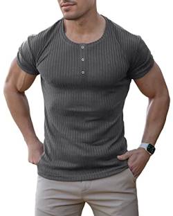 Agilelin Herren Baumwolle Kurzarm Shirt,Schlanke Passform Muskelshirts,Casual Henley Shirt,Geripptes Tshirt(Dunkelgrau/2XL) von Agilelin