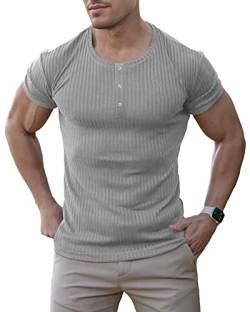 Agilelin Herren Baumwolle Kurzarm Shirt,Schlanke Passform Muskelshirts,Casual Henley Shirt,Geripptes Tshirt(Grau/L) von Agilelin