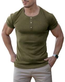 Agilelin Herren Baumwolle Kurzarm Shirt,Schlanke Passform Muskelshirts,Casual Henley Shirt,Geripptes Tshirt(Grün/2XL) von Agilelin