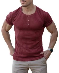 Agilelin Herren Baumwolle Kurzarm Shirt,Schlanke Passform Muskelshirts,Casual Henley Shirt,Geripptes Tshirt(Rot/2XL) von Agilelin