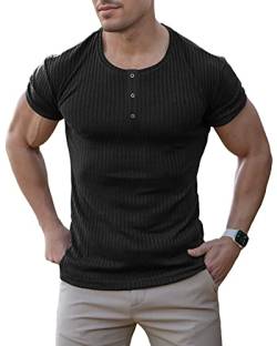 Agilelin Herren Baumwolle Kurzarm Shirt,Schlanke Passform Muskelshirts,Casual Henley Shirt,Geripptes Tshirt(Schwarz/L) von Agilelin