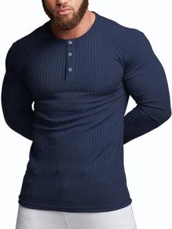 Agilelin Herren Baumwolle Langarm Shirt,Schlanke Passform Muskelshirts,Casual Henley Shirt,Geripptes Tshirt(Blau/XL) von Agilelin