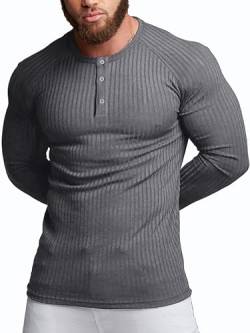 Agilelin Herren Baumwolle Langarm Shirt,Schlanke Passform Muskelshirts,Casual Henley Shirt,Geripptes Tshirt(Dunkelgrau/M) von Agilelin