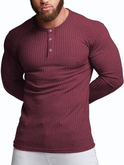 Agilelin Herren Baumwolle Langarm Shirt,Schlanke Passform Muskelshirts,Casual Henley Shirt,Geripptes Tshirt(Rot/2XL) von Agilelin
