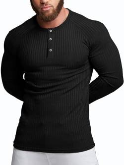 Agilelin Herren Baumwolle Langarm Shirt,Schlanke Passform Muskelshirts,Casual Henley Shirt,Geripptes Tshirt(Schwarz/L) von Agilelin