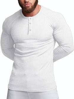 Agilelin Herren Baumwolle Langarm Shirt,Schlanke Passform Muskelshirts,Casual Henley Shirt,Geripptes Tshirt(Weiß/2XL) von Agilelin