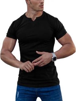 Agilelin Herren Kurzarm T Shirts,Stretch Muskelshirts,Slim Fit V-Neck Shirts,Casual Geripptes Hemd,Workout Top(Black/M) von Agilelin