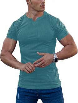 Agilelin Herren Kurzarm T Shirts,Stretch Muskelshirts,Slim Fit V-Neck Shirts,Casual Geripptes Hemd,Workout Top(Blue/M) von Agilelin