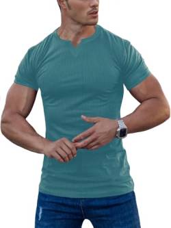 Agilelin Herren Kurzarm T Shirts,Stretch Muskelshirts,Slim Fit V-Neck Shirts,Casual Geripptes Hemd,Workout Top(Blue/S) von Agilelin