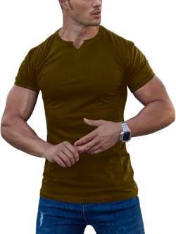 Agilelin Herren Kurzarm T Shirts,Stretch Muskelshirts,Slim Fit V-Neck Shirts,Casual Geripptes Hemd,Workout Top(Brown/M) von Agilelin